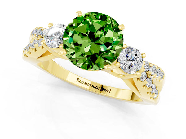 Yellow gold Round Cut Peridot Three-Stone Ring with Pavé Split Shank and Four-Prong Setting