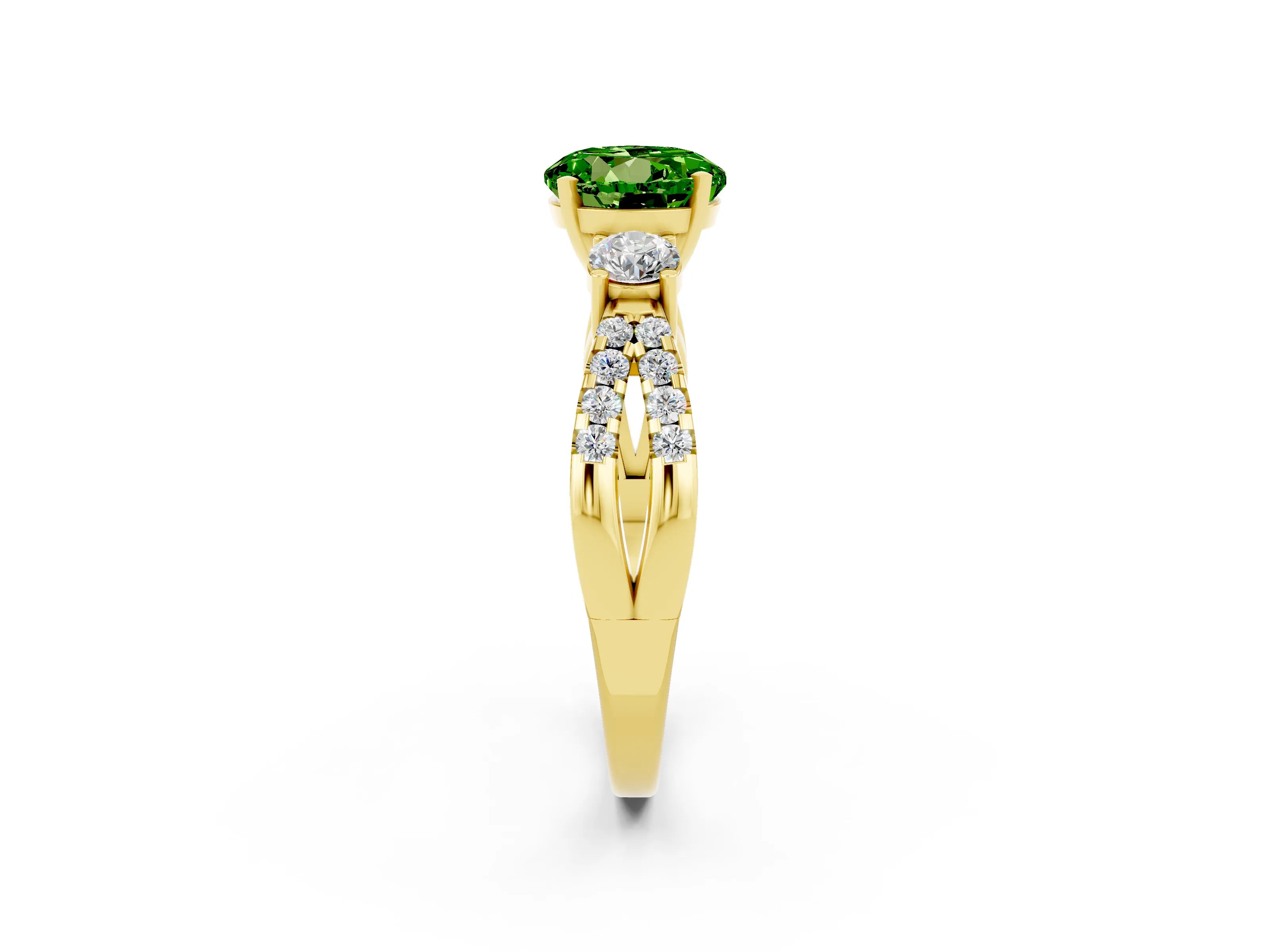 Yellow gold Round Cut Peridot Three-Stone Ring with Pavé Split Shank and Four-Prong Setting_2