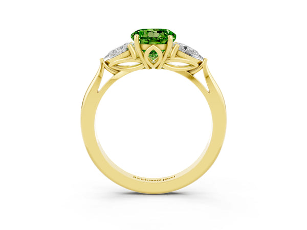 Yellow gold Round Cut Peridot Three-Stone Ring with Pear  Side Stones and Prong Setting