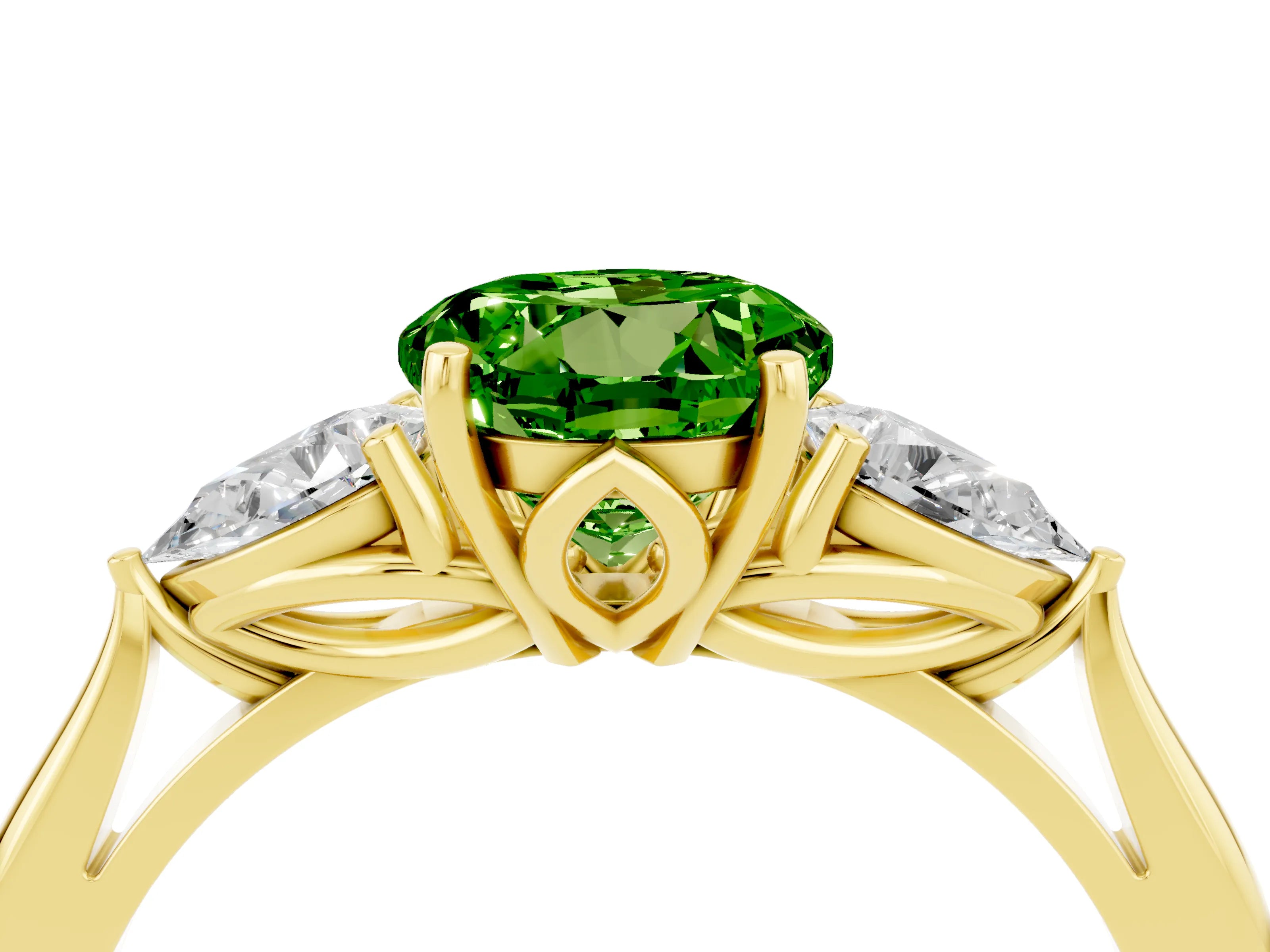 Yellow gold Round Cut Peridot Three-Stone Ring with Pear Side Stones and Four-Prong Setting_16