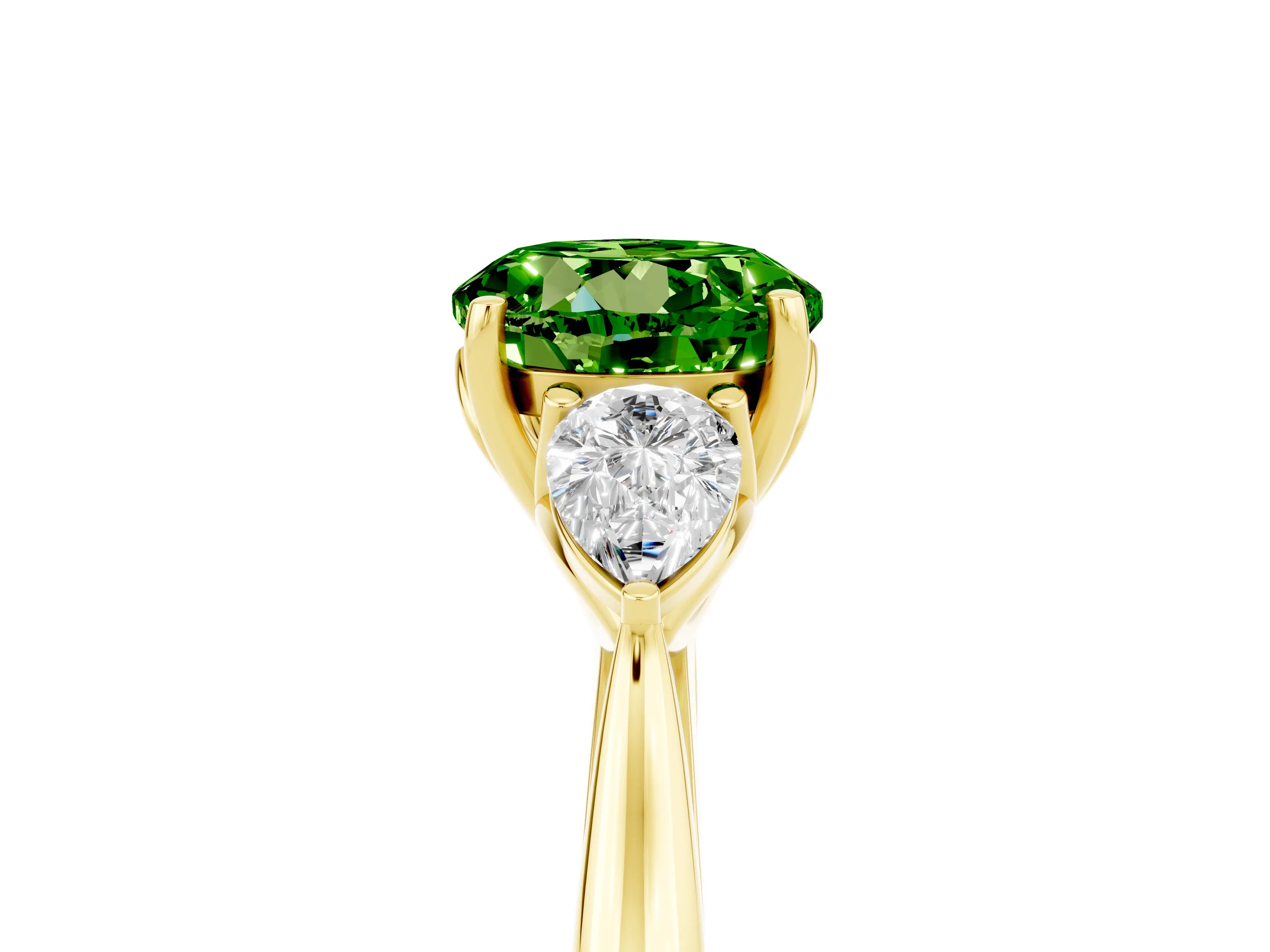 Yellow gold Round Cut Peridot Three-Stone Ring with Pear Side Stones and Four-Prong Setting_17