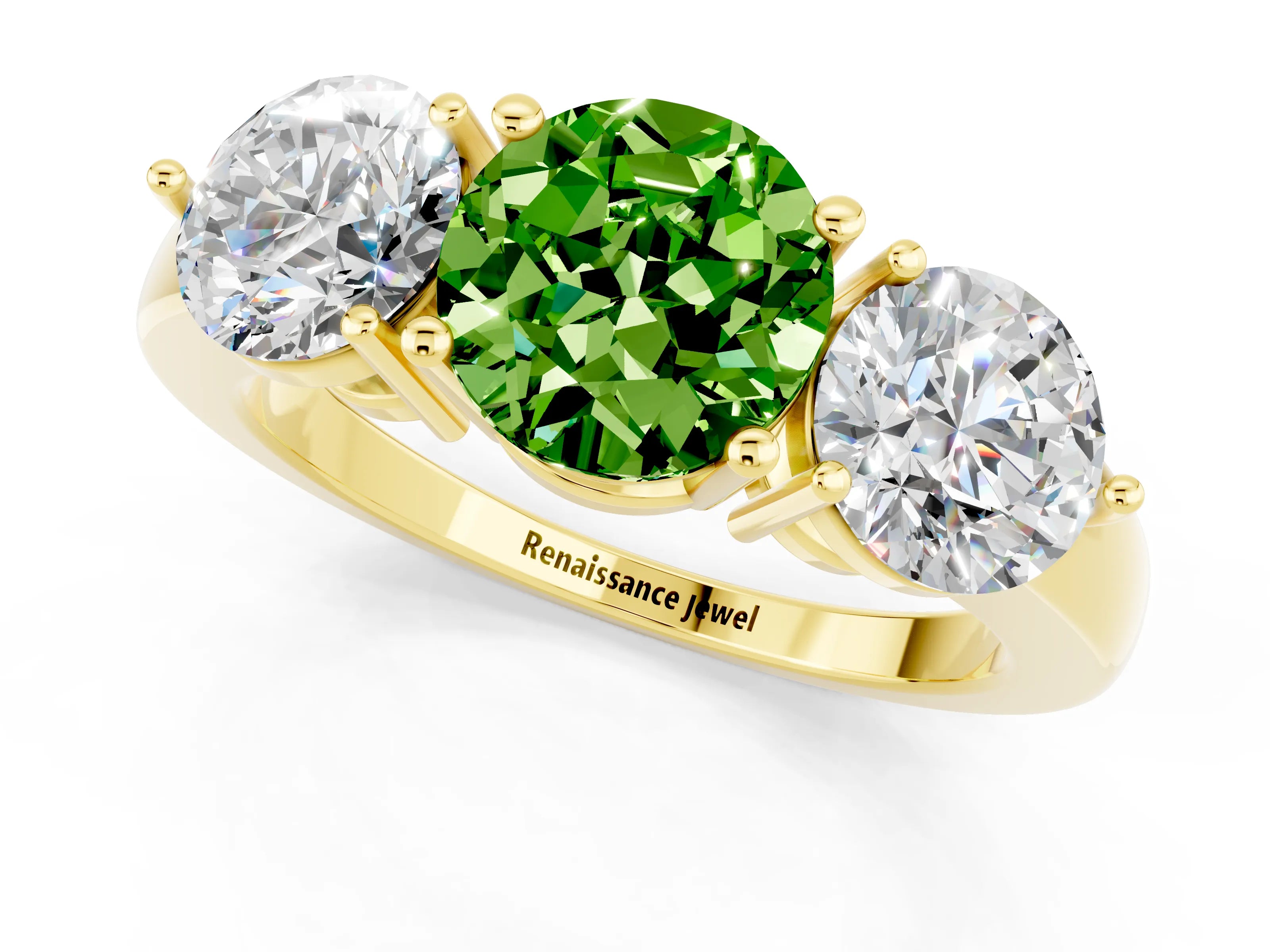 Yellow gold Round Cut Peridot Three-Stone Ring with Prong Setting and Classic Band_1