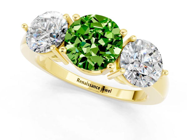 Yellow gold Round Cut Peridot Three-Stone Ring with Prong Setting and Classic Band