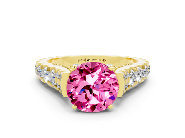 Yellow gold Round Cut Pink Sapphire Classic Solitaire Ring with Pavé Band and Four-Prong Setting