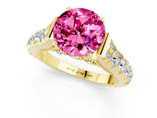 Yellow gold Round Cut Pink Sapphire Classic Solitaire Ring with Pavé Band and Four-Prong Setting