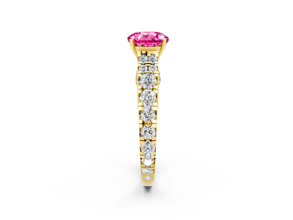 Yellow gold Round Cut Pink Sapphire Classic Solitaire Ring with Pavé Band and Four-Prong Setting