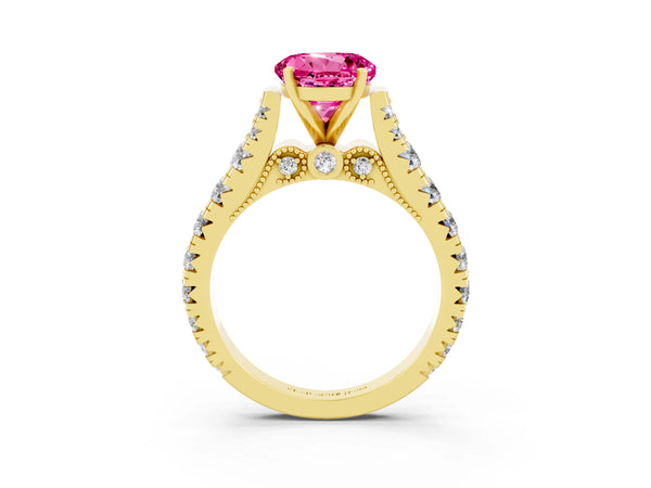 Yellow gold Round Cut Pink Sapphire Classic Solitaire Ring with Pavé Band and Four-Prong Setting