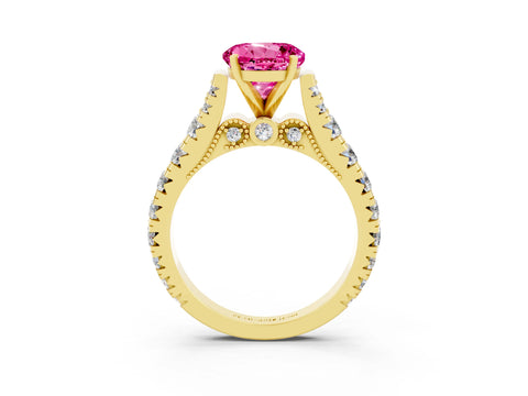 Yellow gold Round Cut Pink Sapphire Classic Solitaire Ring with Pavé Band and Four-Prong Setting_15