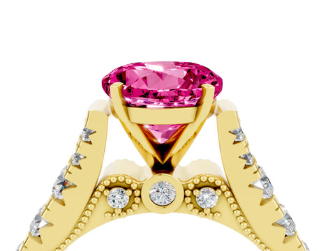 Yellow gold Round Cut Pink Sapphire Classic Solitaire Ring with Pavé Band and Four-Prong Setting_16