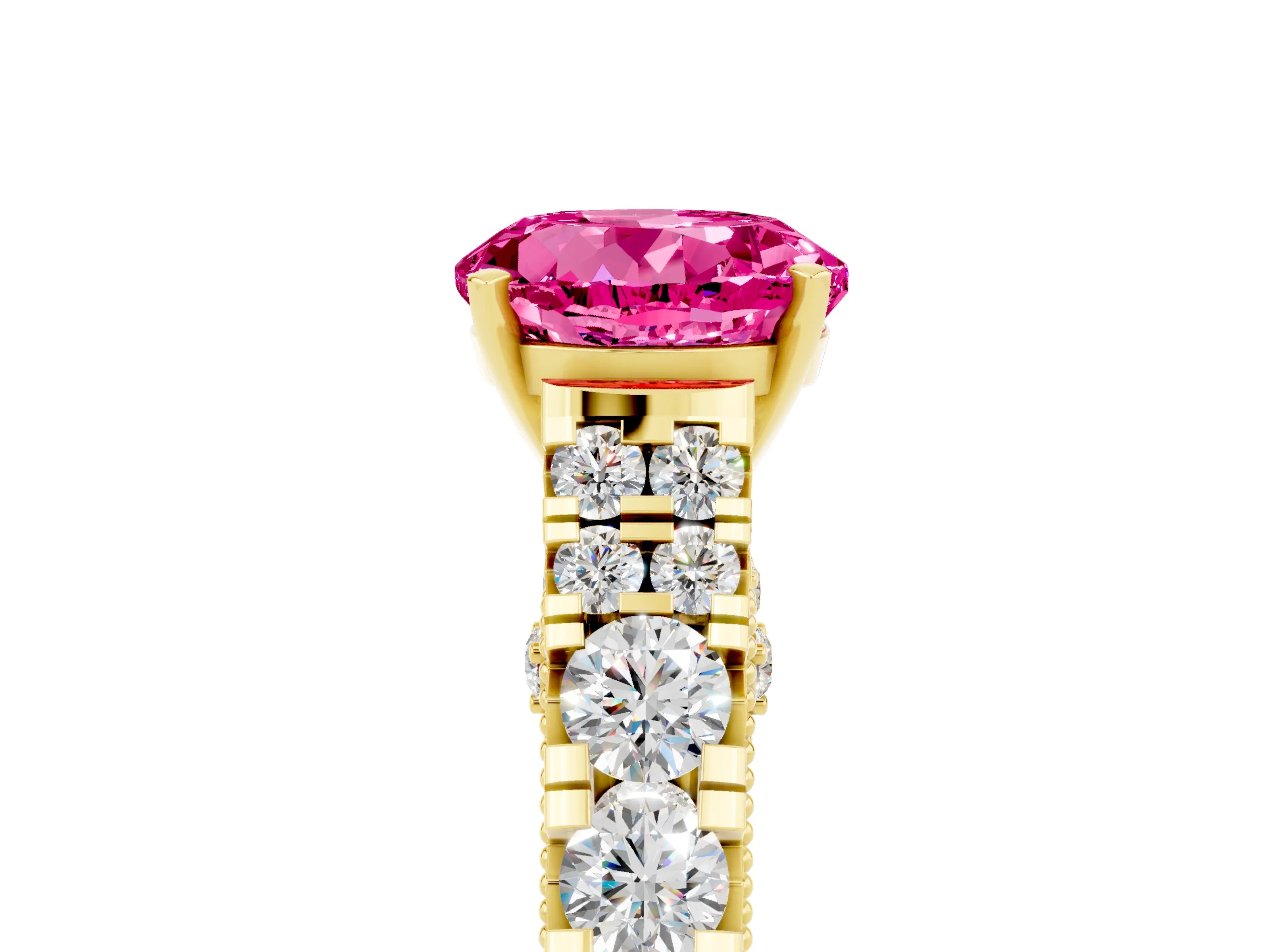 Yellow gold Round Cut Pink Sapphire Classic Solitaire Ring with Pavé Band and Four-Prong Setting_17