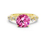 Yellow gold Round Cut Pink Sapphire Cluster Side Stone Solitaire Ring with Prong Setting_48