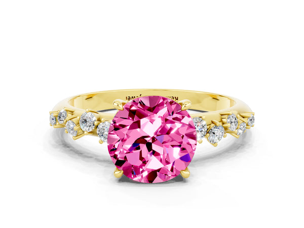 Yellow gold Round Cut Pink Sapphire Cluster Side Stone Solitaire Ring with Prong Setting
