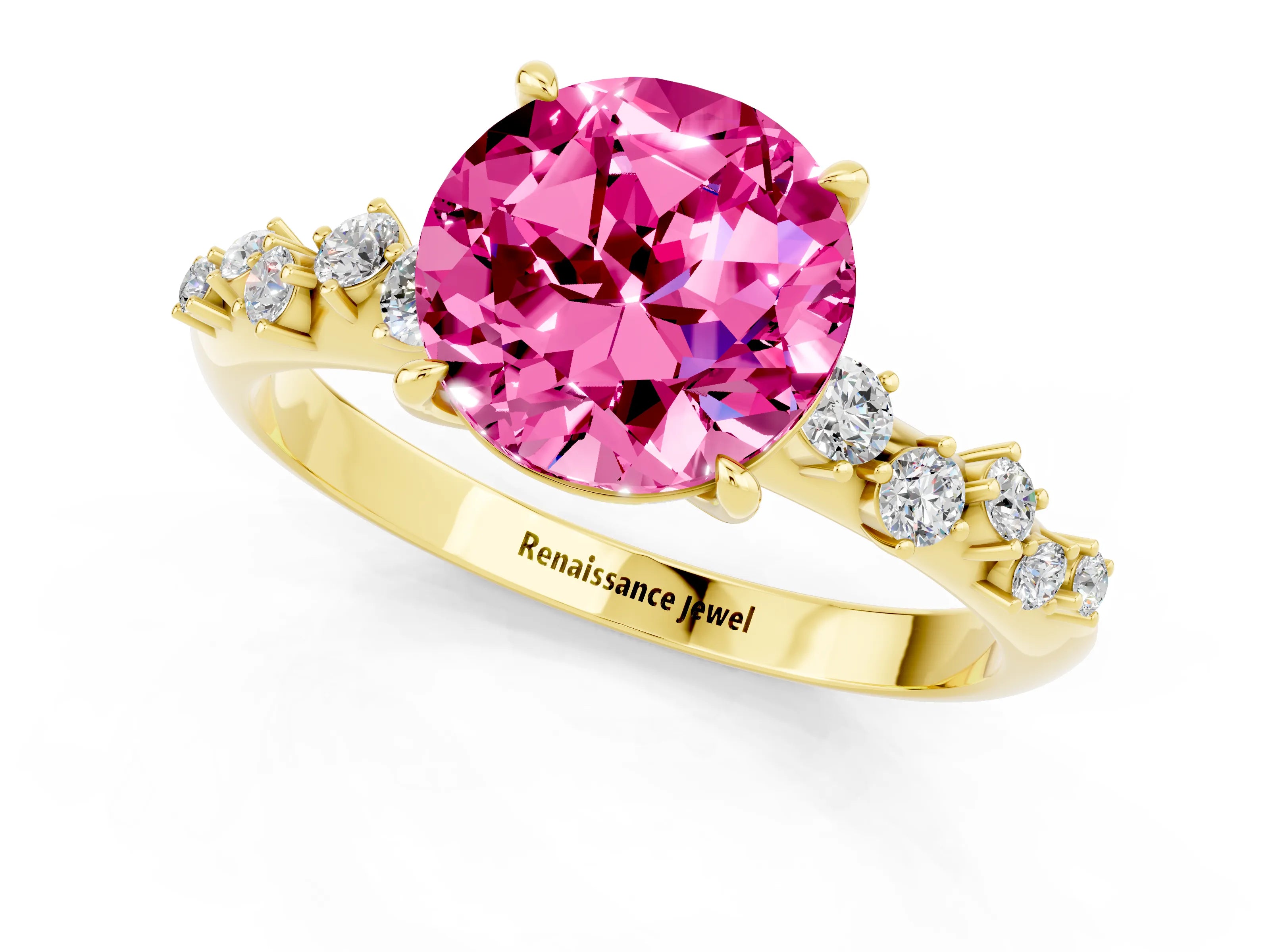 Yellow gold Round Cut Pink Sapphire Cluster Side Stone Solitaire Ring with Prong Setting_49