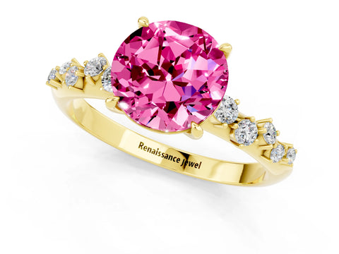 Yellow gold Round Cut Pink Sapphire Cluster Side Stone Solitaire Ring with Prong Setting_49