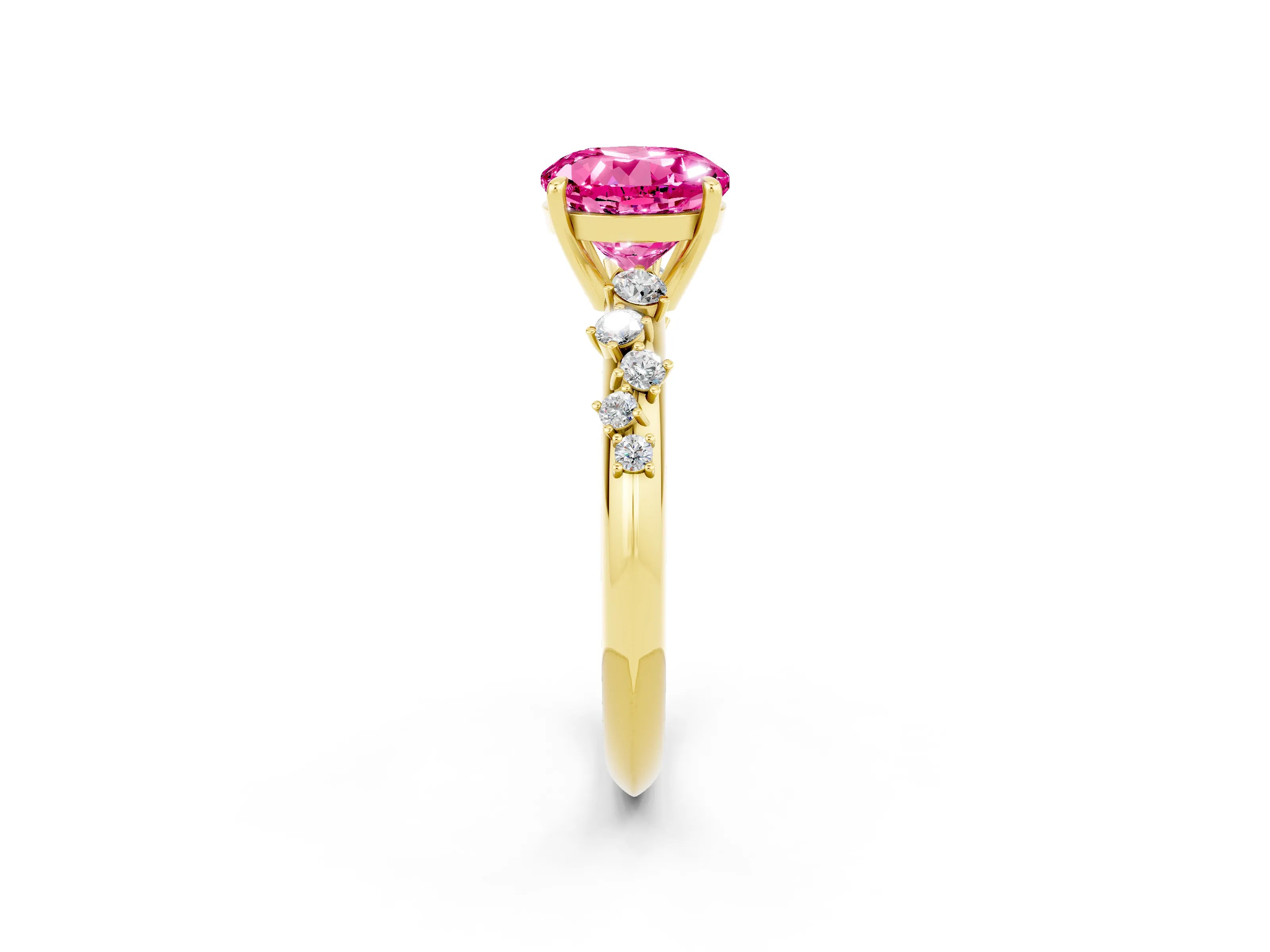 Yellow gold Round Cut Pink Sapphire Cluster Side Stone Solitaire Ring with Prong Setting_50