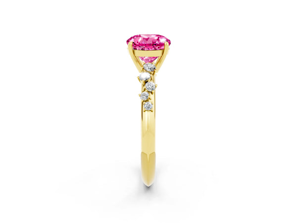 Yellow gold Round Cut Pink Sapphire Cluster Side Stone Solitaire Ring with Prong Setting