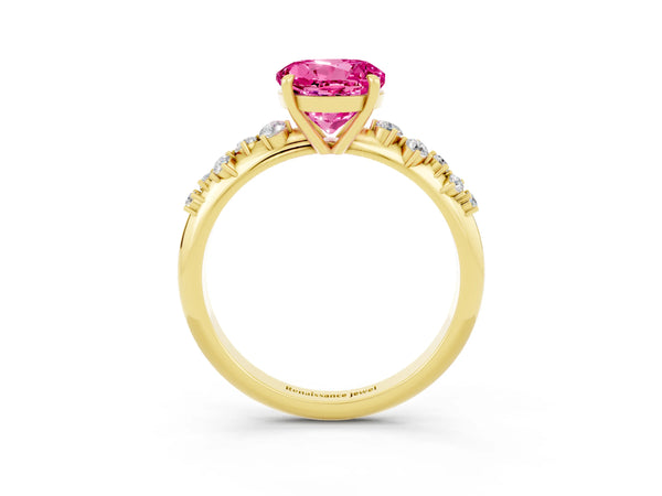Yellow gold Round Cut Pink Sapphire Cluster Side Stone Solitaire Ring with Prong Setting
