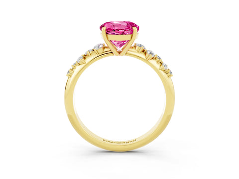Yellow gold Round Cut Pink Sapphire Cluster Side Stone Solitaire Ring with Prong Setting_51
