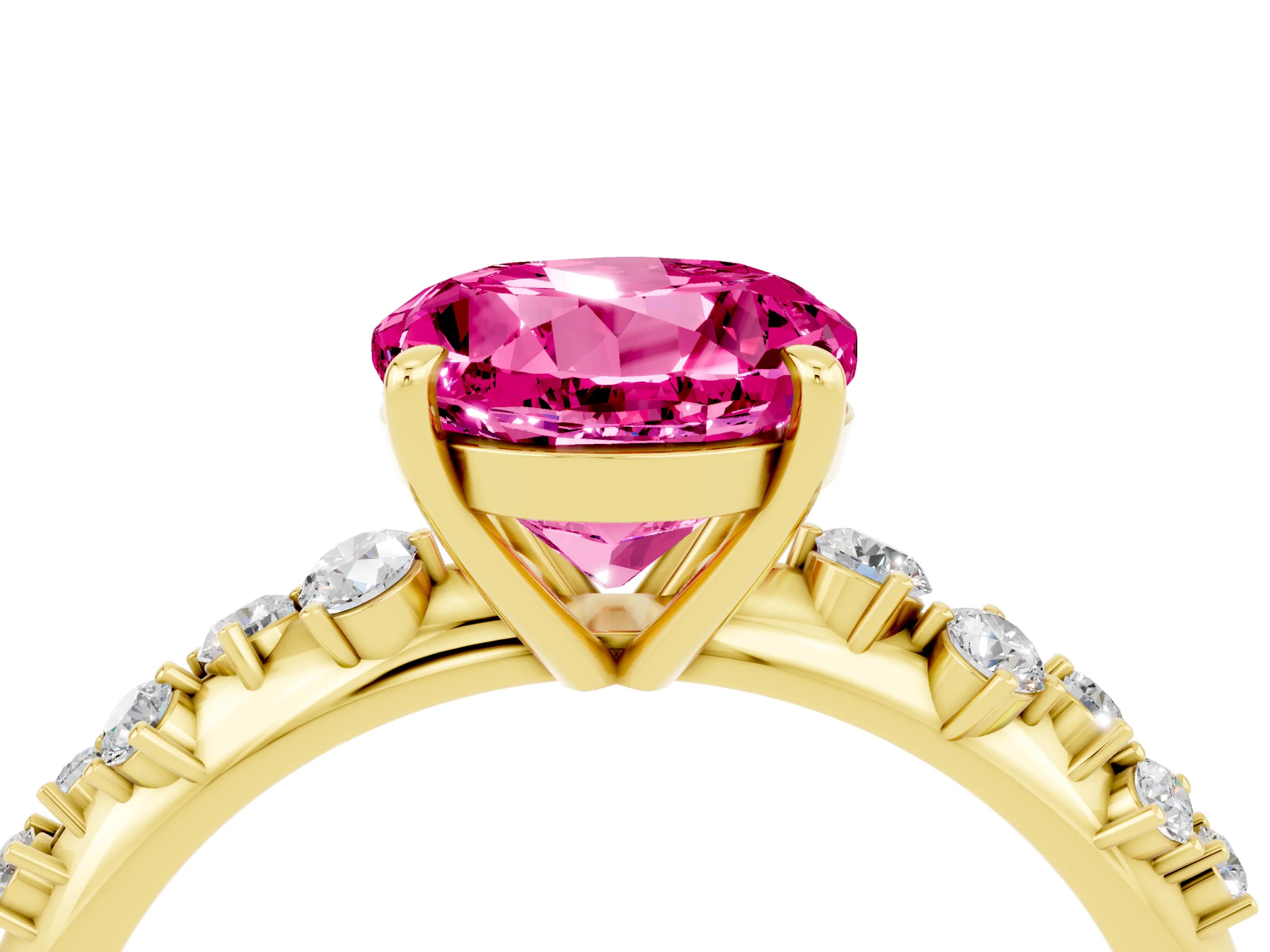 Yellow gold Round Cut Pink Sapphire Cluster Side Stone Solitaire Ring with Prong Setting_52