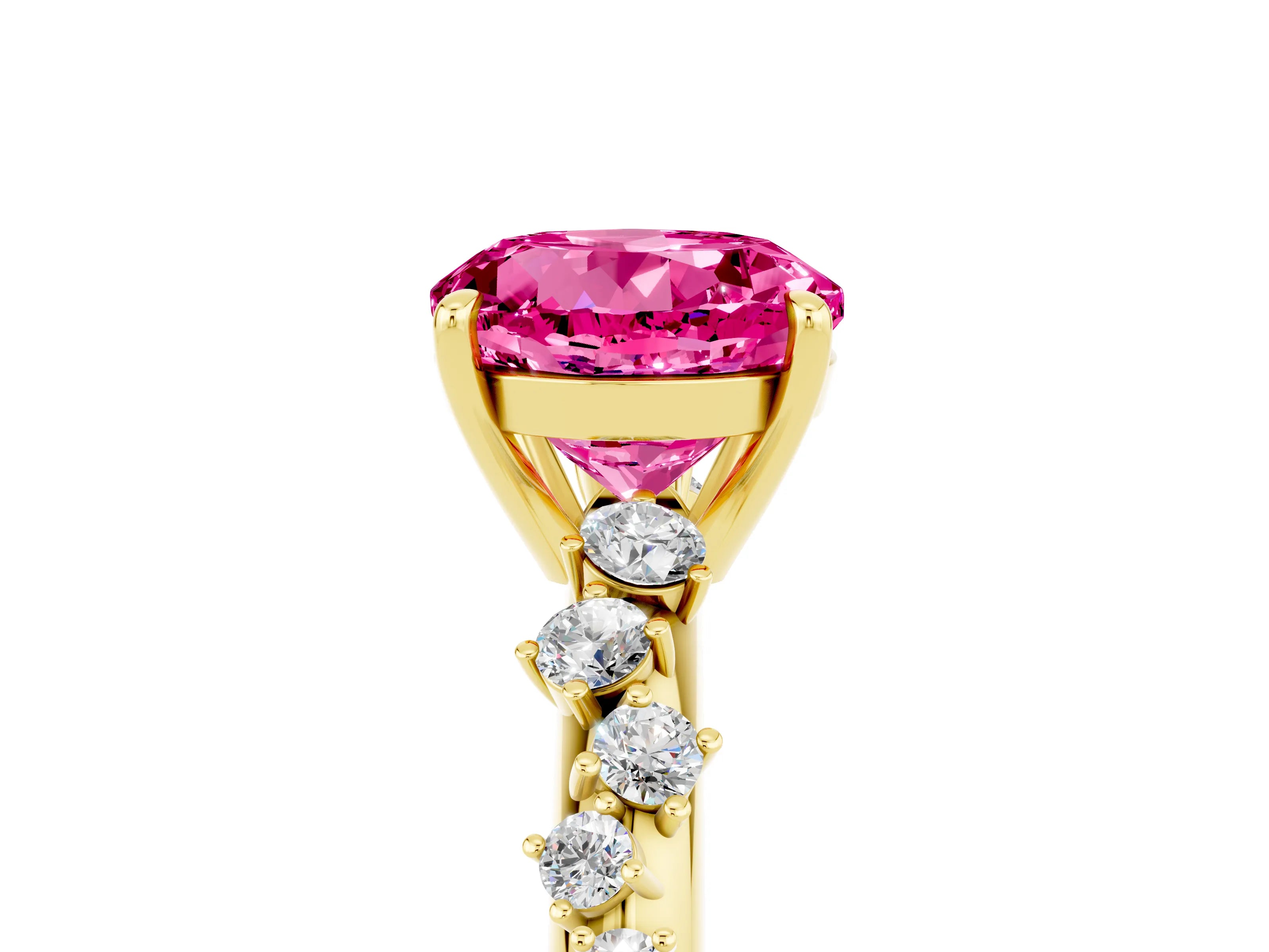 Yellow gold Round Cut Pink Sapphire Cluster Side Stone Solitaire Ring with Prong Setting_53