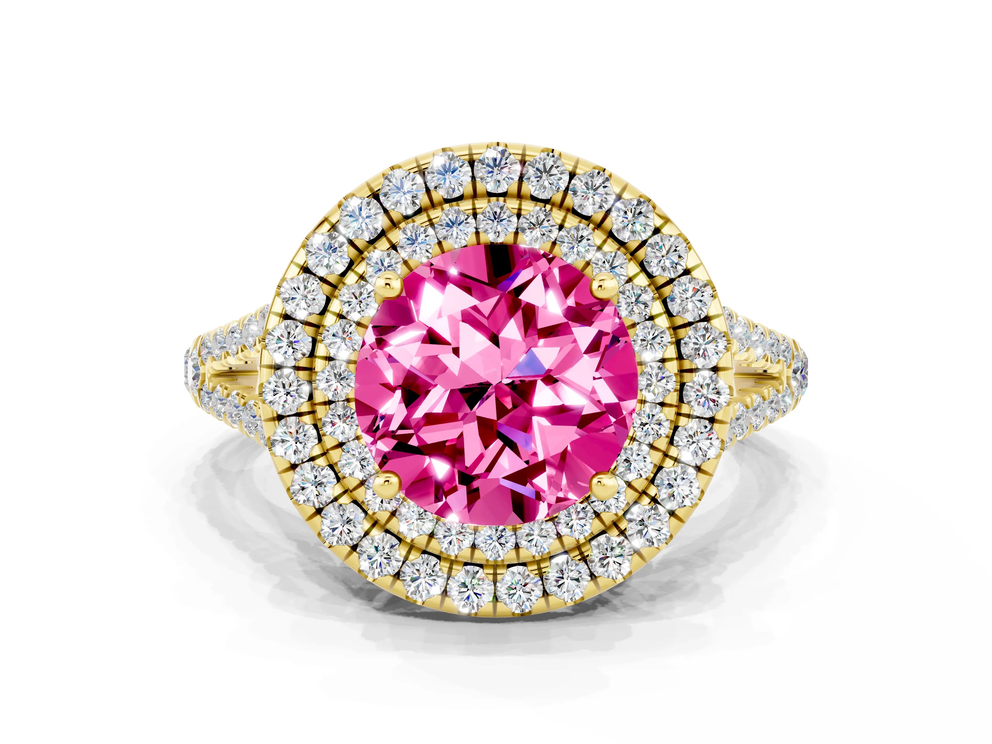 Yellow gold Round Cut Pink Sapphire Double Halo Ring with Pavé Band and Prong Setting_12