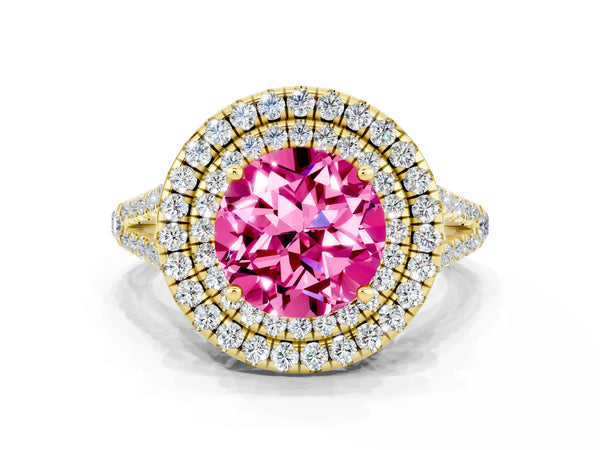 Yellow gold Round Cut Pink Sapphire Double Halo Ring with Pavé Band and Prong Setting