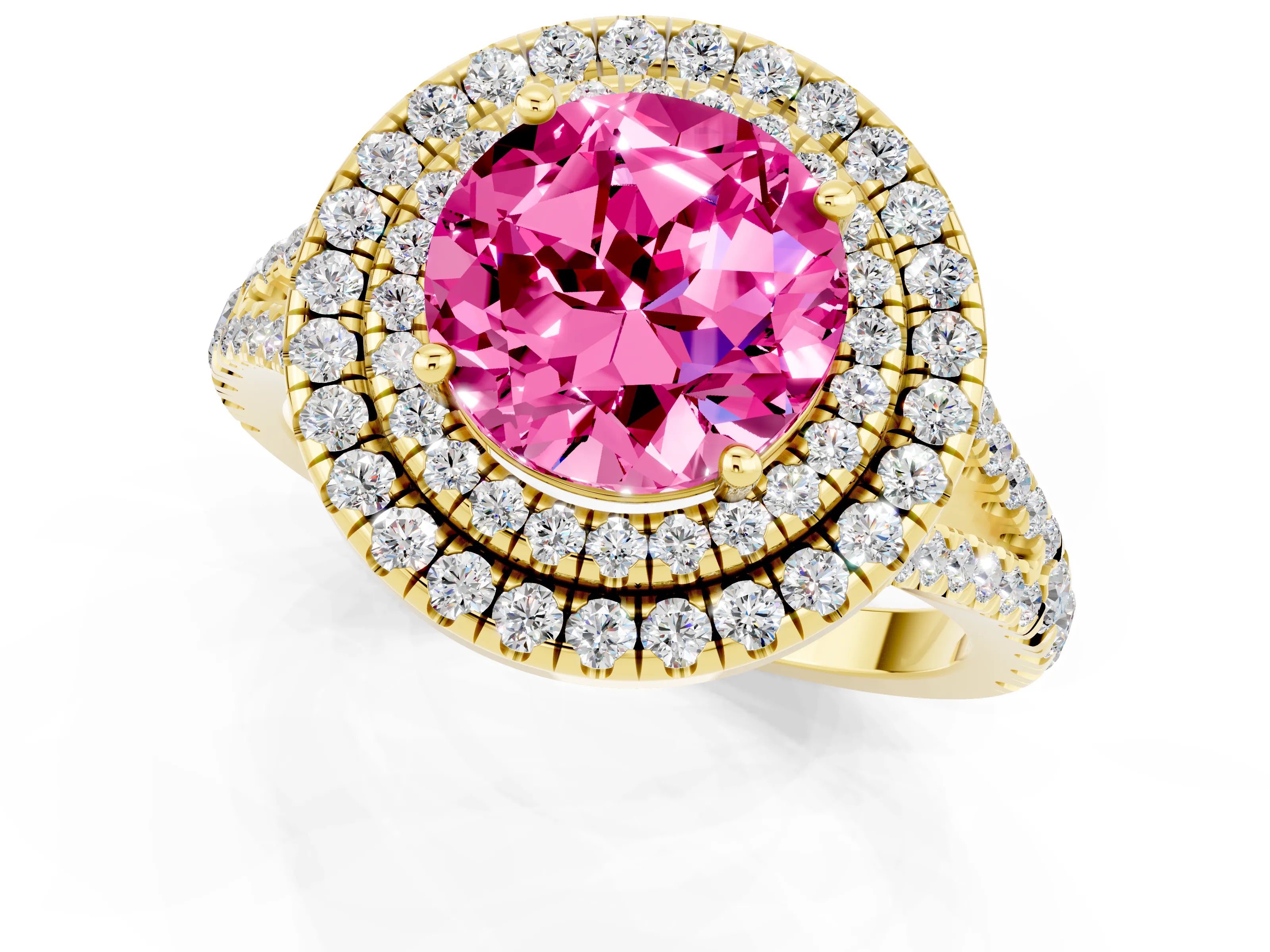 Yellow gold Round Cut Pink Sapphire Double Halo Ring with Pavé Band and Prong Setting_13