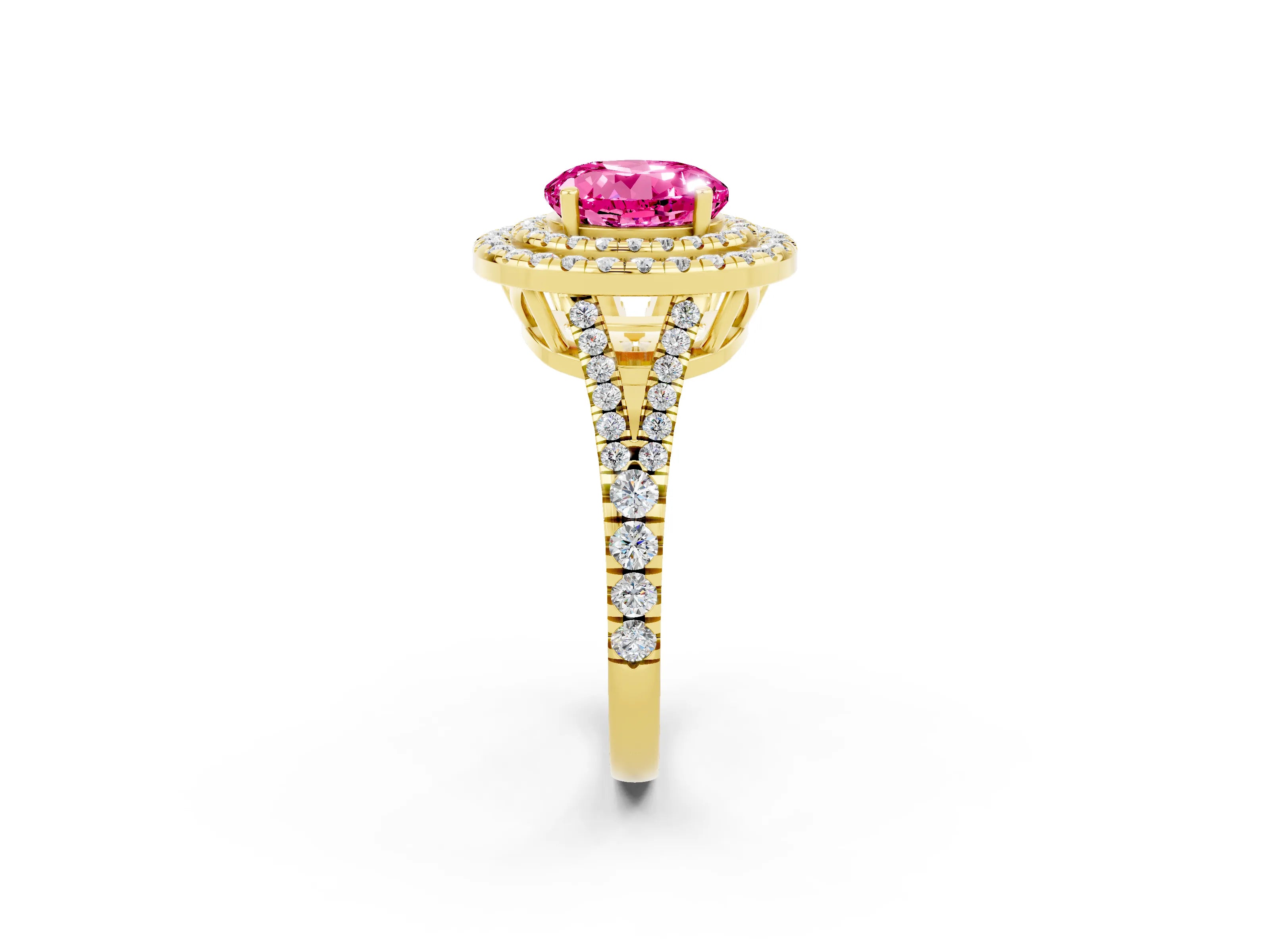 Yellow gold Round Cut Pink Sapphire Double Halo Ring with Pavé Band and Prong Setting_14