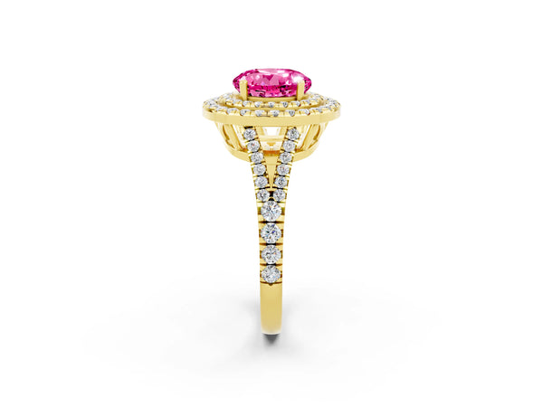 Yellow gold Round Cut Pink Sapphire Double Halo Ring with Pavé Band and Prong Setting