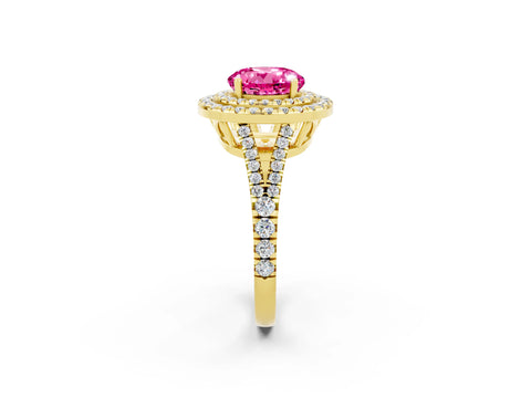 Yellow gold Round Cut Pink Sapphire Double Halo Ring with Pavé Band and Prong Setting_14