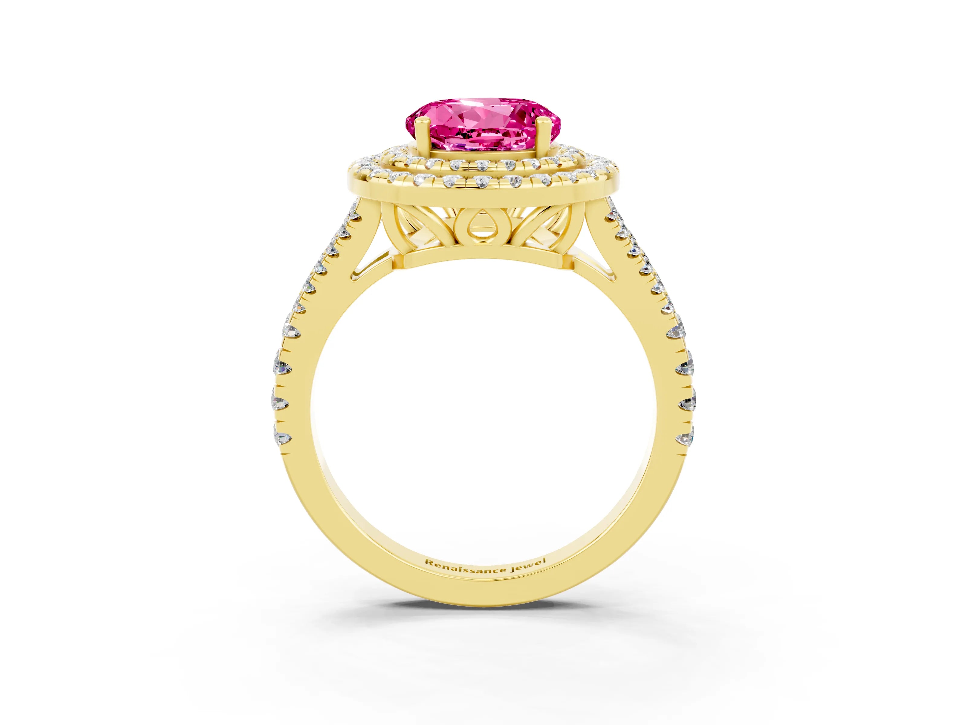 Yellow gold Round Cut Pink Sapphire Double Halo Ring with Pavé Band and Prong Setting_15