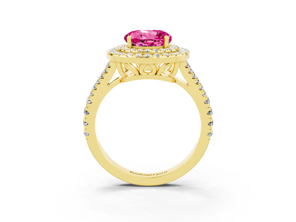 Yellow gold Round Cut Pink Sapphire Double Halo Ring with Pavé Band and Prong Setting