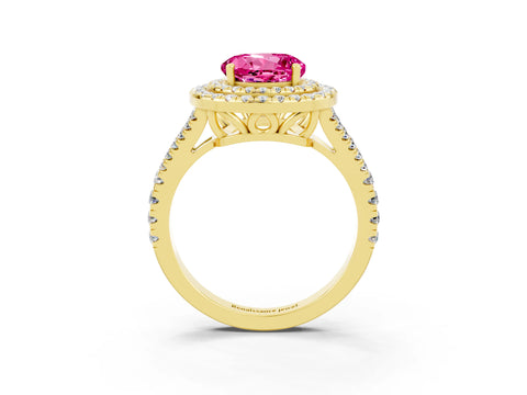 Yellow gold Round Cut Pink Sapphire Double Halo Ring with Pavé Band and Prong Setting_15