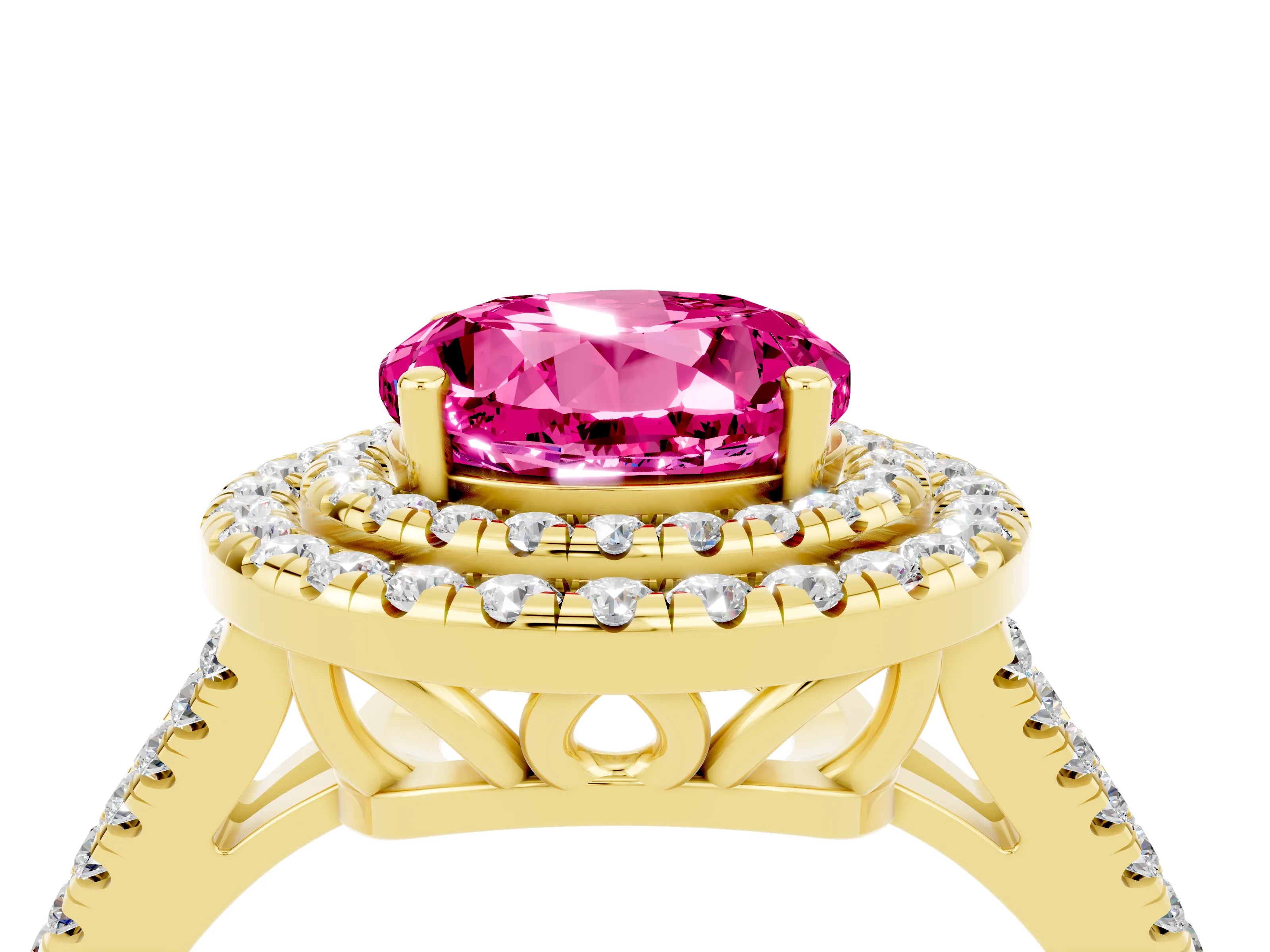 Yellow gold Round Cut Pink Sapphire Double Halo Ring with Pavé Band and Prong Setting_16