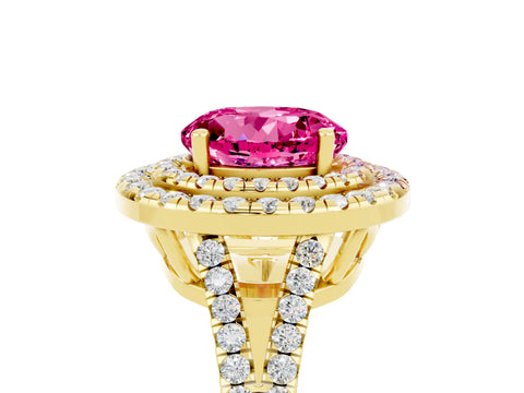 Yellow gold Round Cut Pink Sapphire Double Halo Ring with Pavé Band and Prong Setting_17