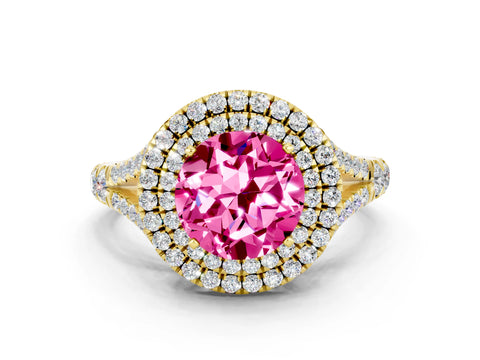 Yellow gold Round Cut Pink Sapphire Double Halo Ring with Split Shank and Prong Setting_12