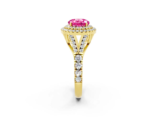 Yellow gold Round Cut Pink Sapphire Double Halo Ring with Split Shank and Prong Setting