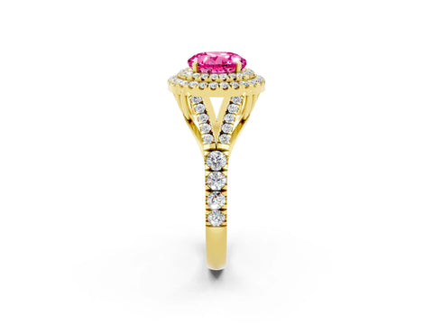 Yellow gold Round Cut Pink Sapphire Double Halo Ring with Split Shank and Prong Setting_14