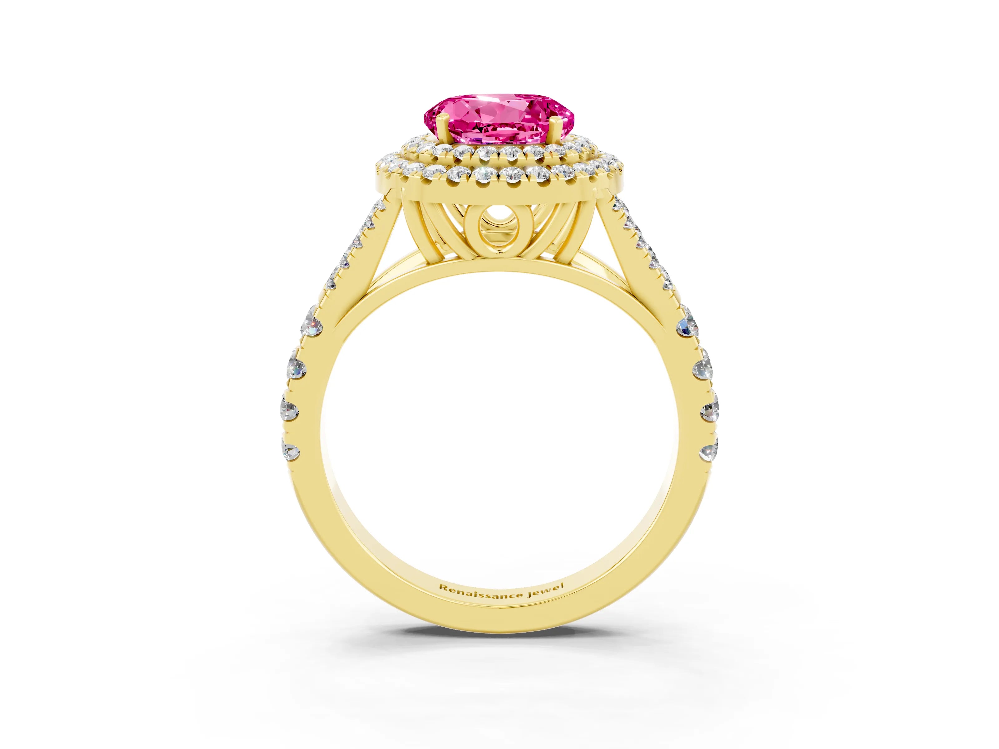 Yellow gold Round Cut Pink Sapphire Double Halo Ring with Split Shank and Prong Setting_15