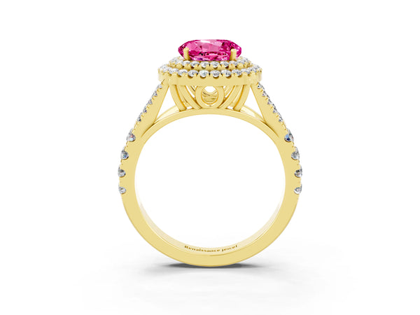 Yellow gold Round Cut Pink Sapphire Double Halo Ring with Split Shank and Prong Setting