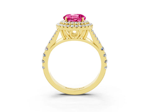 Yellow gold Round Cut Pink Sapphire Double Halo Ring with Split Shank and Prong Setting_15