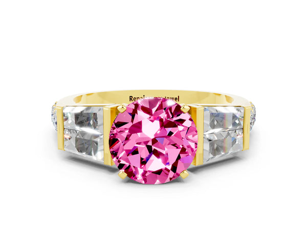 Yellow gold Round Cut Pink Sapphire Engagement Ring with Baguette Side Stones and Channel Set Band