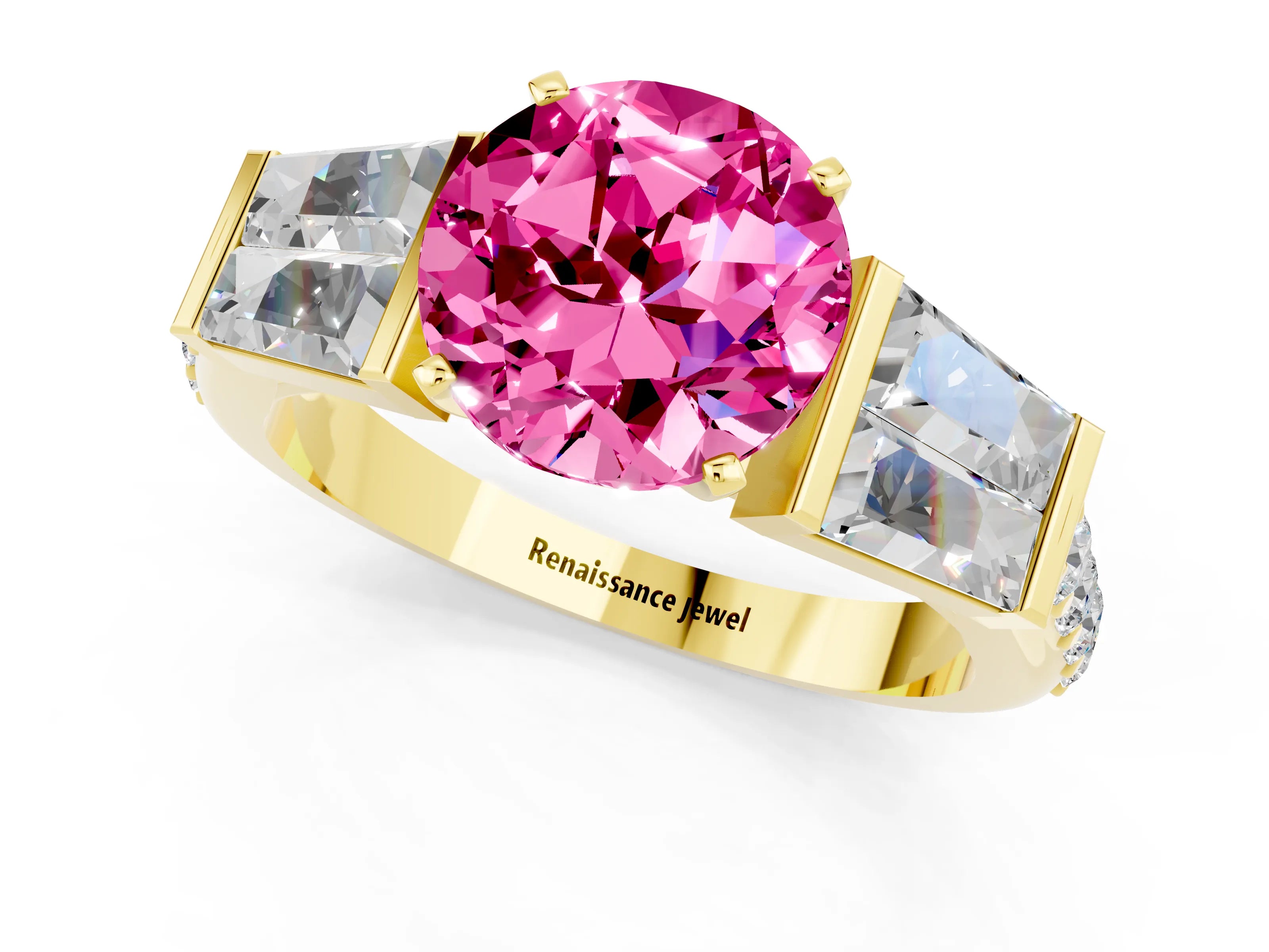 Yellow gold Round Cut Pink Sapphire Engagement Ring with Baguette Side Stones and Channel Set Band_1