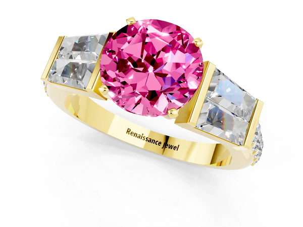 Yellow gold Round Cut Pink Sapphire Engagement Ring with Baguette Side Stones and Channel Set Band