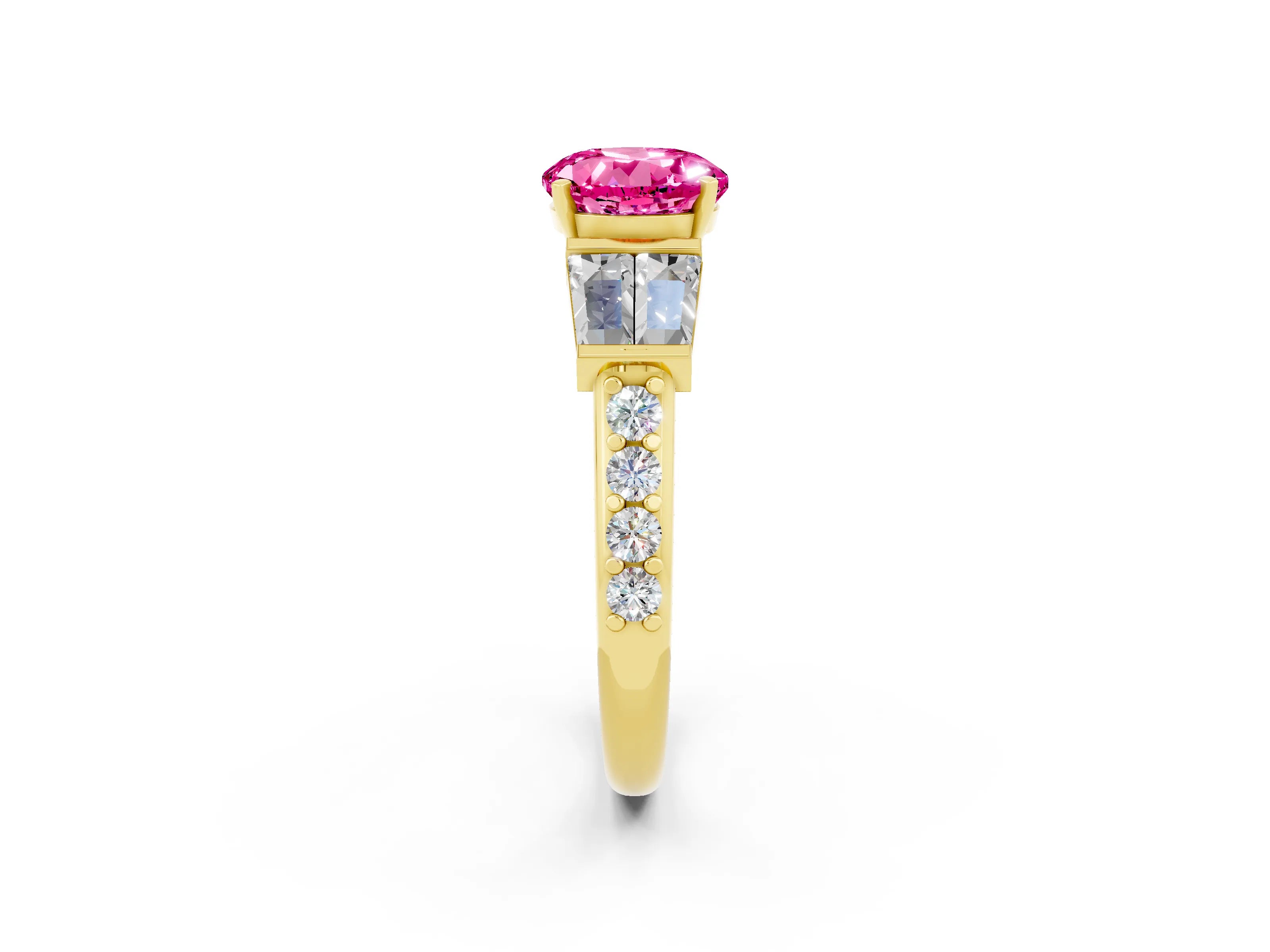 Yellow gold Round Cut Pink Sapphire Engagement Ring with Baguette Side Stones and Channel Set Band_2