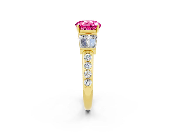 Yellow gold Round Cut Pink Sapphire Engagement Ring with Baguette Side Stones and Channel Set Band