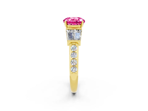 Yellow gold Round Cut Pink Sapphire Engagement Ring with Baguette Side Stones and Channel Set Band_2