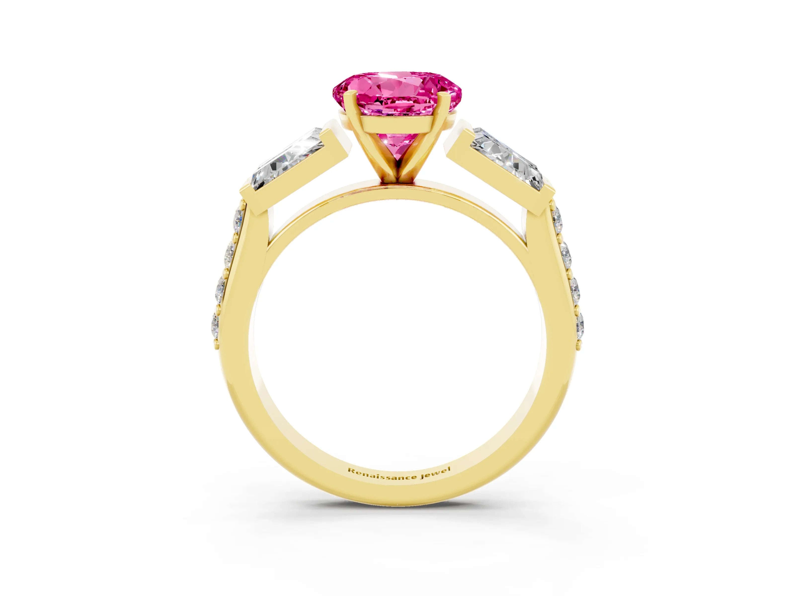 Yellow gold Round Cut Pink Sapphire Engagement Ring with Baguette Side Stones and Channel Set Band_3