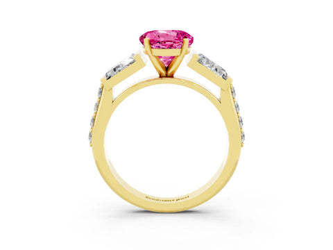 Yellow gold Round Cut Pink Sapphire Engagement Ring with Baguette Side Stones and Channel Set Band_3