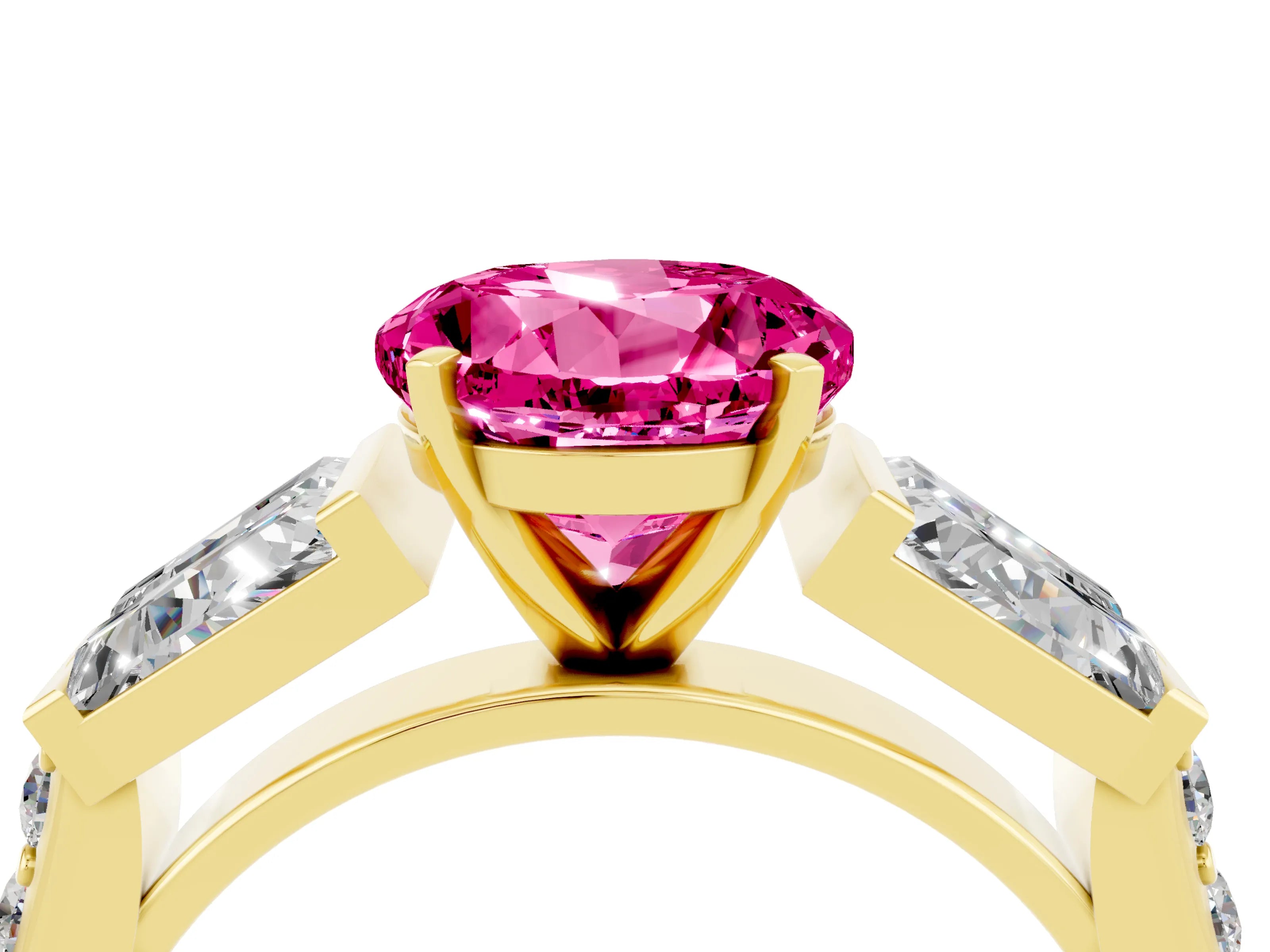 Yellow gold Round Cut Pink Sapphire Engagement Ring with Baguette Side Stones and Channel Set Band_4